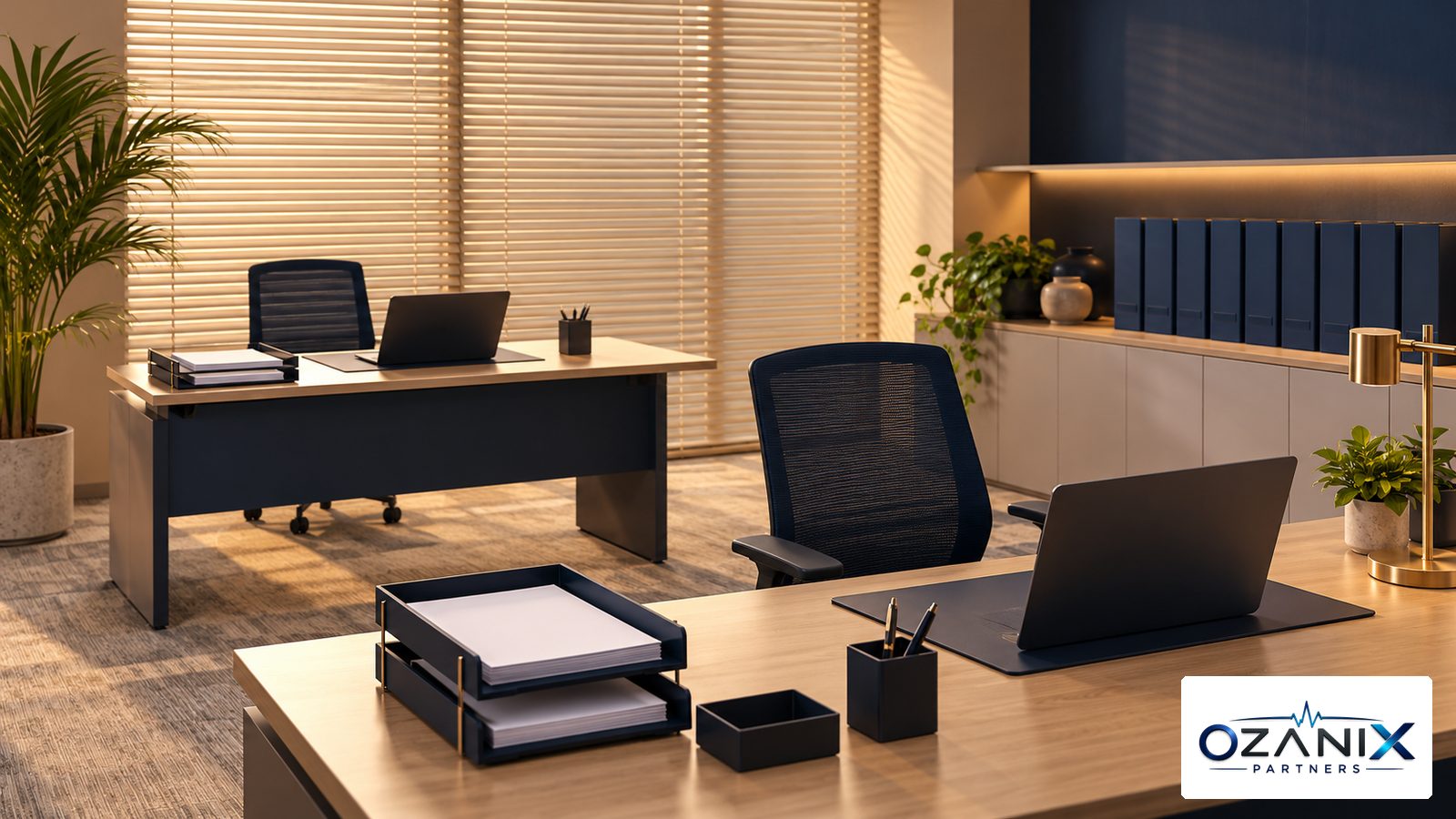 A quiet insurance claims back office with neat document trays and closed binders, for a guide to health insurance companies in the UAE