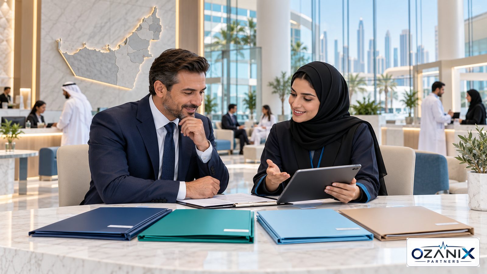 Clinic owner reviewing healthcare regulator licence folders with an adviser in a modern UAE government service centre