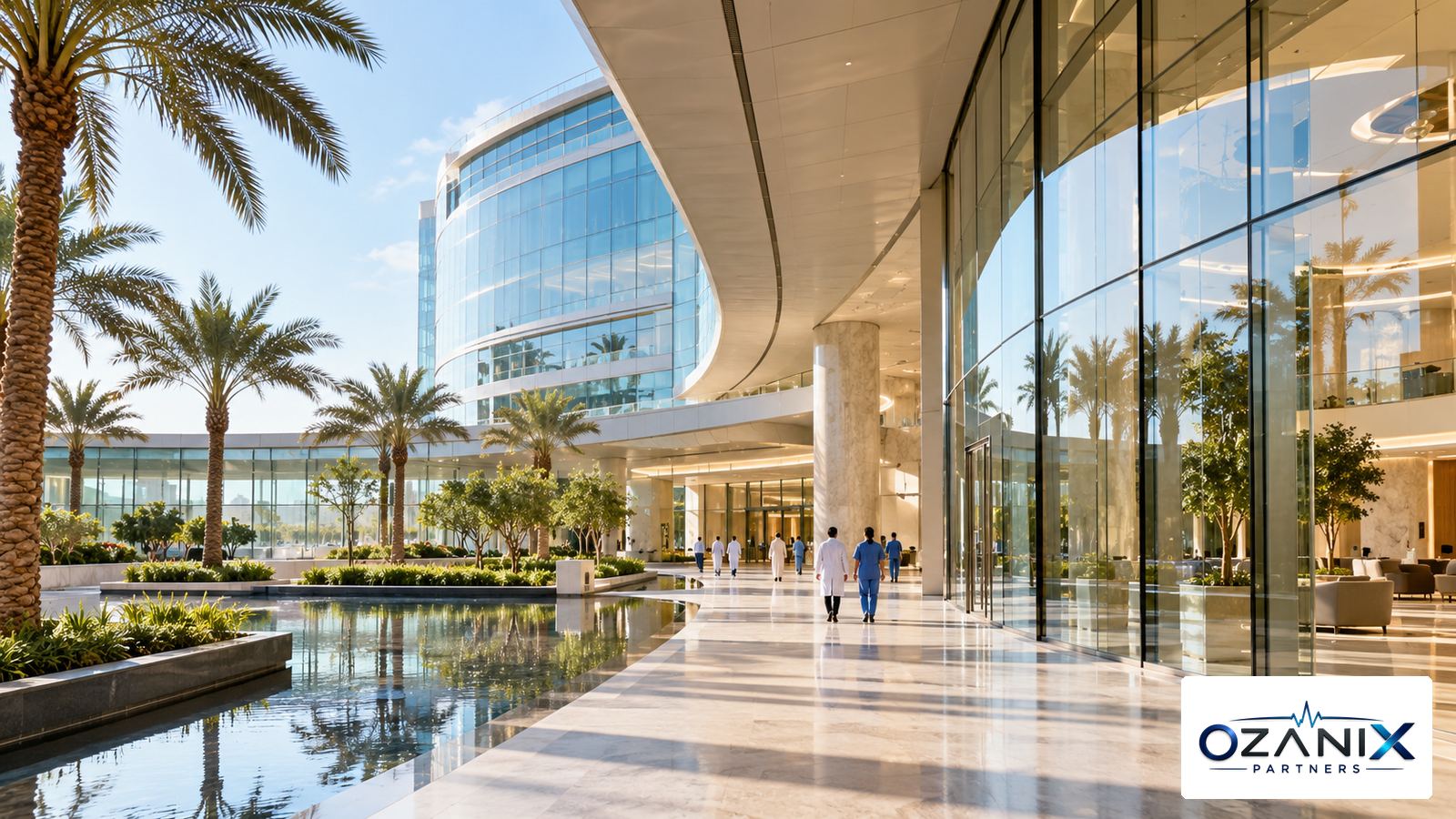 Doctors and nurses walking past a modern glass hospital building with palm trees in the UAE, illustrating UAE healthcare statistics
