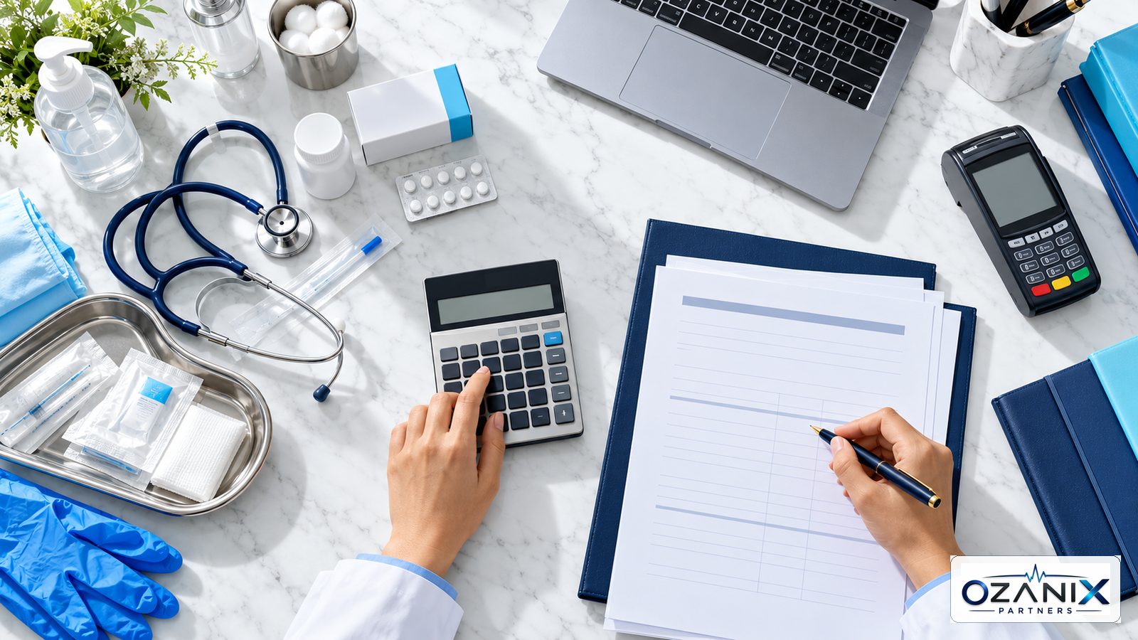 Healthcare finance workspace with medical supplies, invoices and a calculator for UAE VAT review